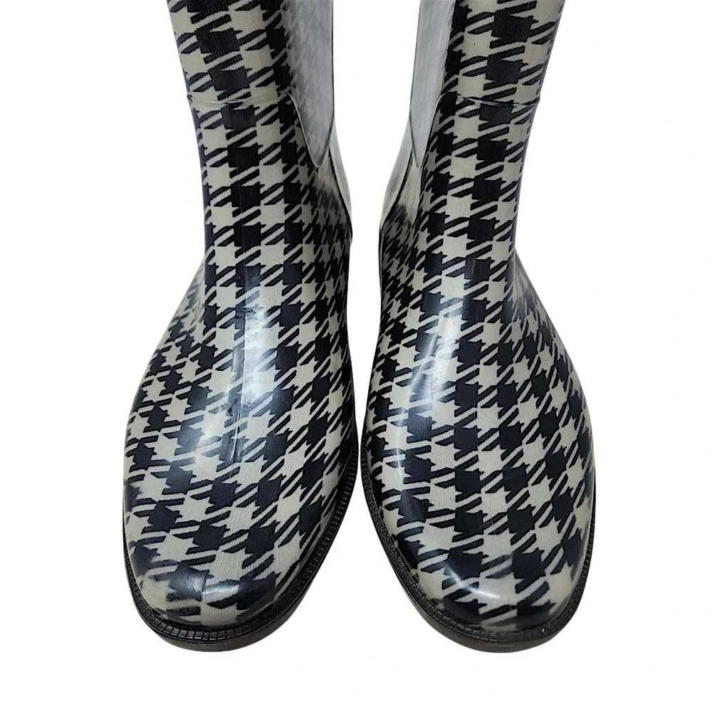 Lauren Ralph Lauren Rain Boots 10 Wom Rossalyn II Black Houndstooth Buckle Tall